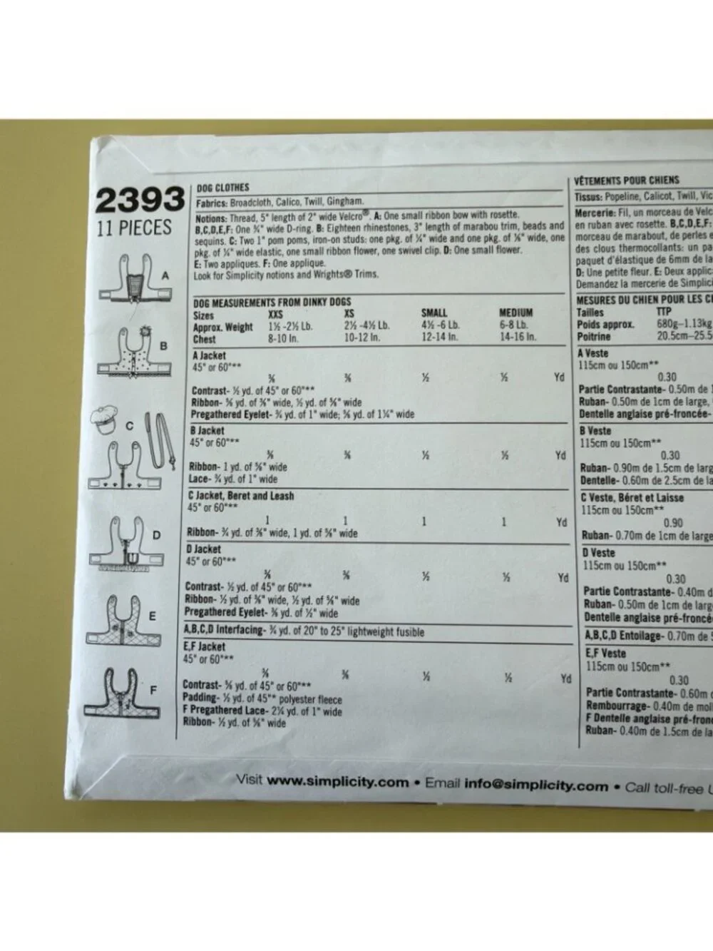 Dog Clothes Pattern Simplicity 2393 Size 1.5 to 8 Pounds Vests Costumes Uncut FF